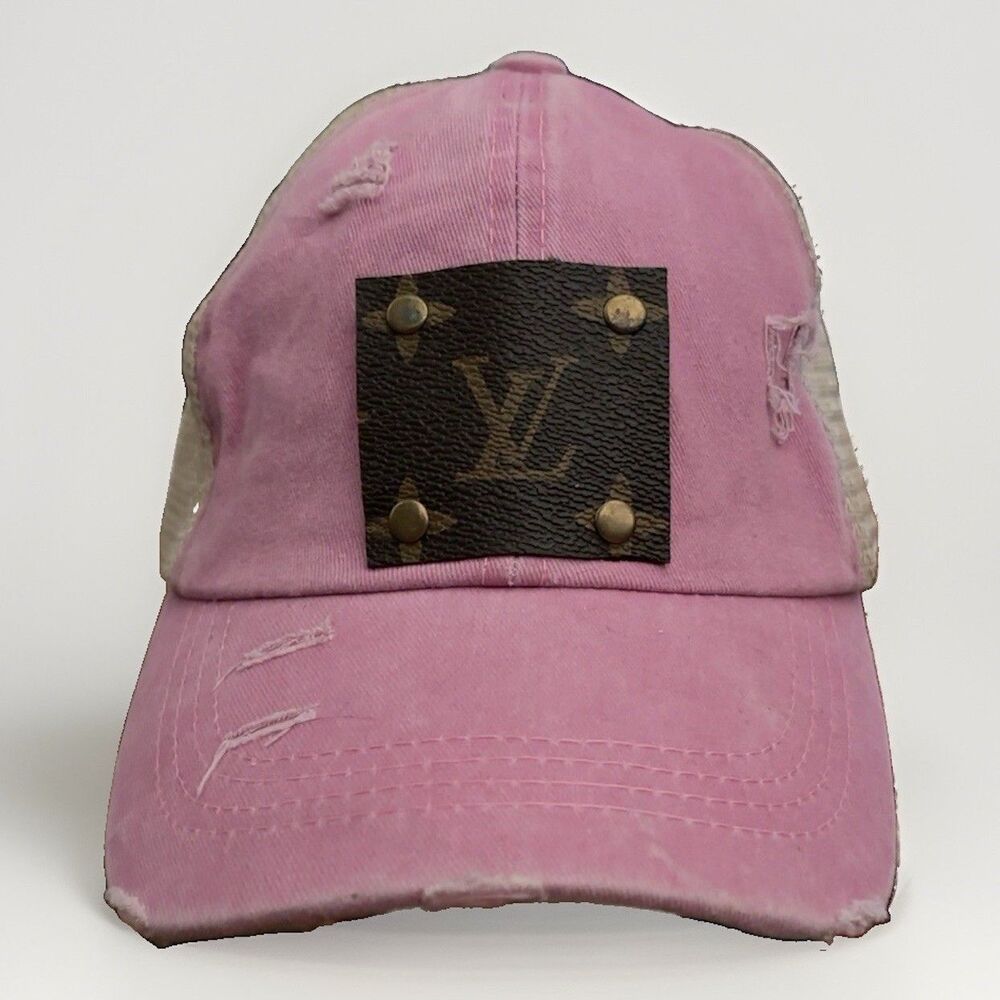 Upcycled LV Patch Distressed Trucker Hat Ponytail Cap Pink Beige Mesh